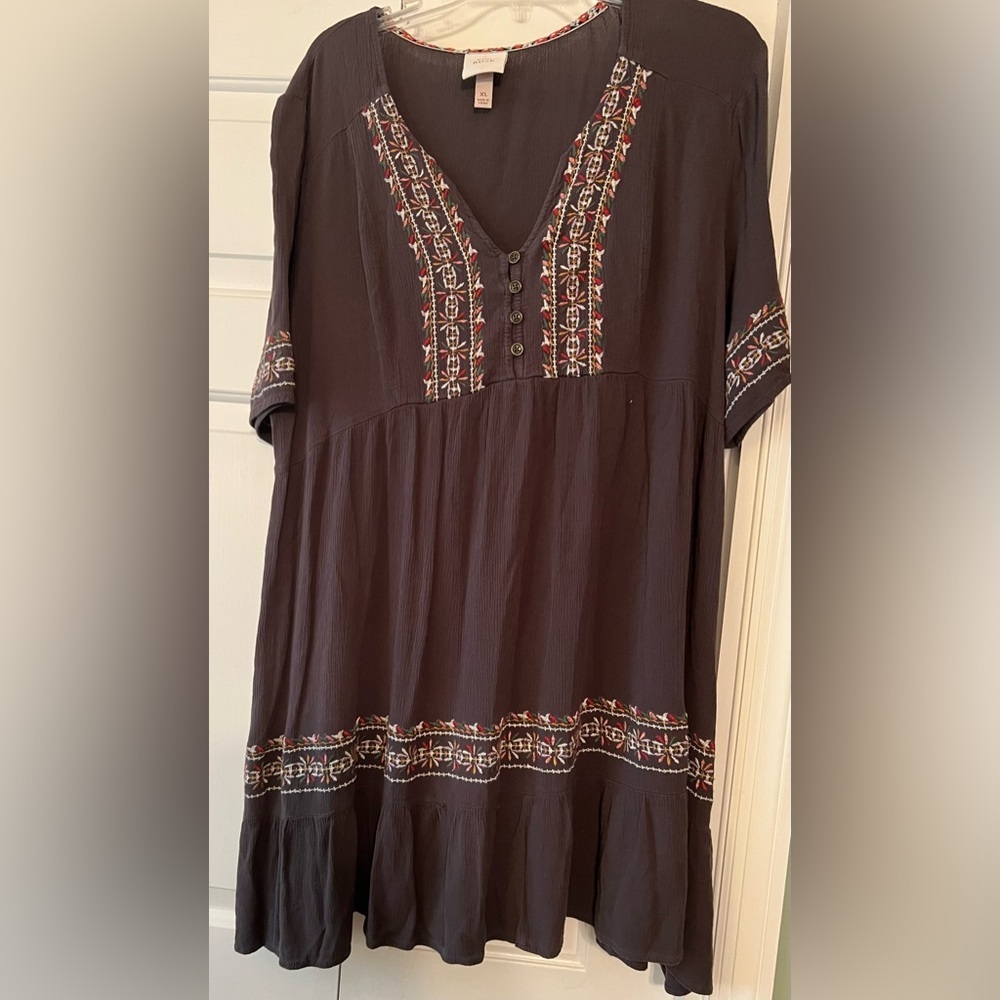 Knox Rose Women's Dark Brown Boho Peasant Embroidered Midi Dress EUC XL #1717 - Picture 3 of 9